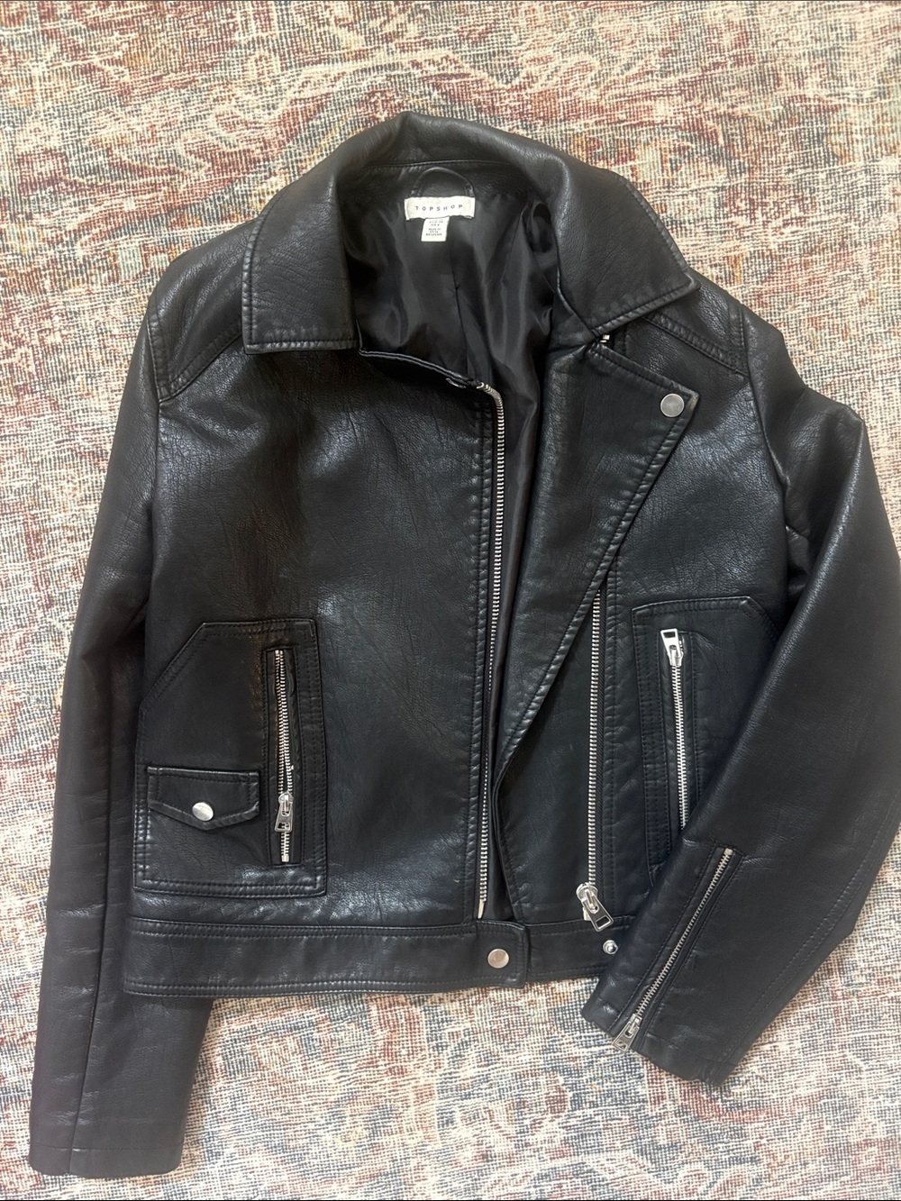 Topshop Black Leather Moto Jacket with Silver Hardware